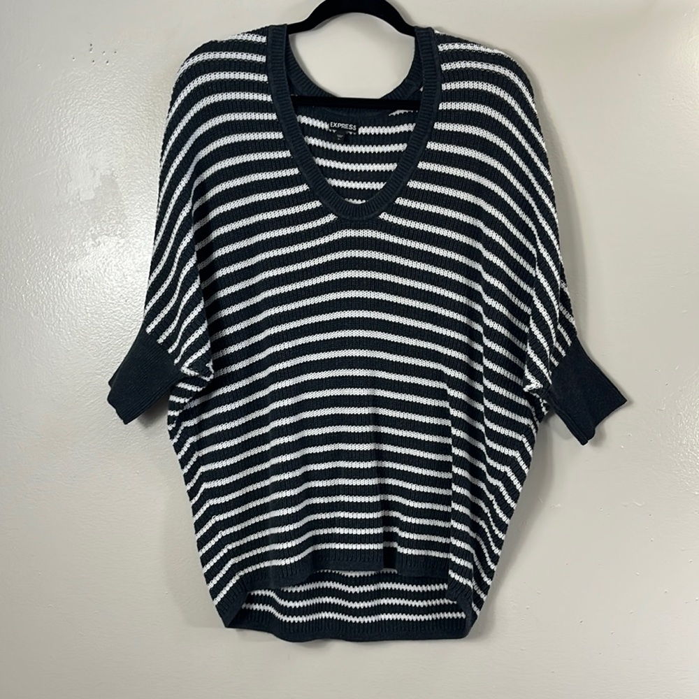 Express Black and White Striped V-Neck Sweater